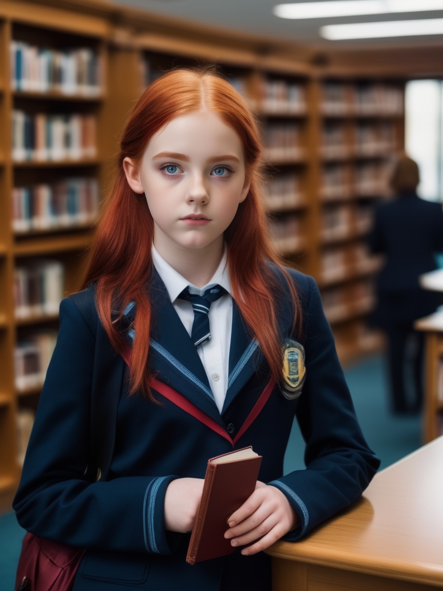 a girl in lobby library,  full body,  school uniform on Tensor.Art