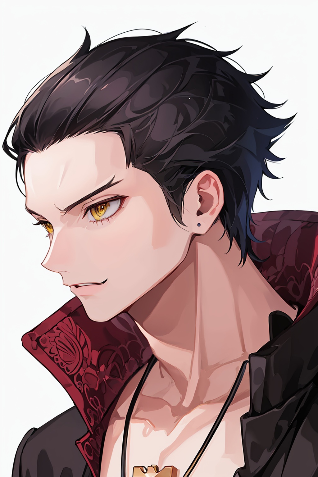 masterpiece,best quality, highly detailed, 1boy,dracule mihawk,male focus,solo,looking to the side,upper body,necklace,simple background,white background,closed mouth,collared shirt,mature male,portrait,white shirt,<lora:dracule_mihawk:1>