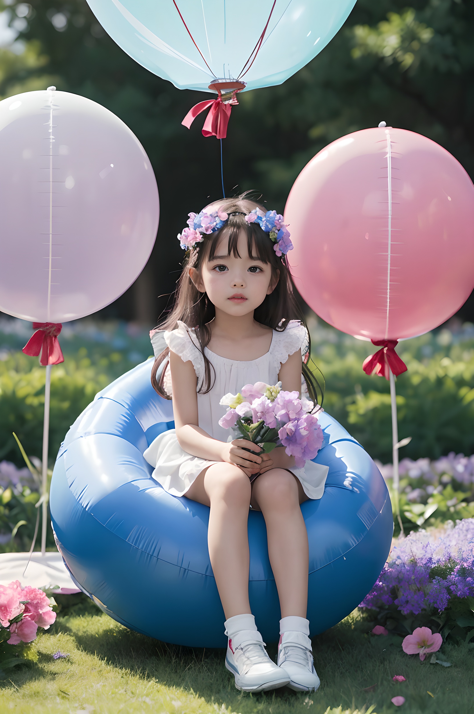 baby,3 years old,female children,<lora:Balloon Flowers_V10:0.6>,(sitting on a balloon),blooming flowers,(((the huge flower contrasts with the tiny girl))),middle of stamens,balloon flower,balloon,dream scene,CAD,unreal engine,shoes, <lora:Balloon Flowers_20231120130603:0.0.6>