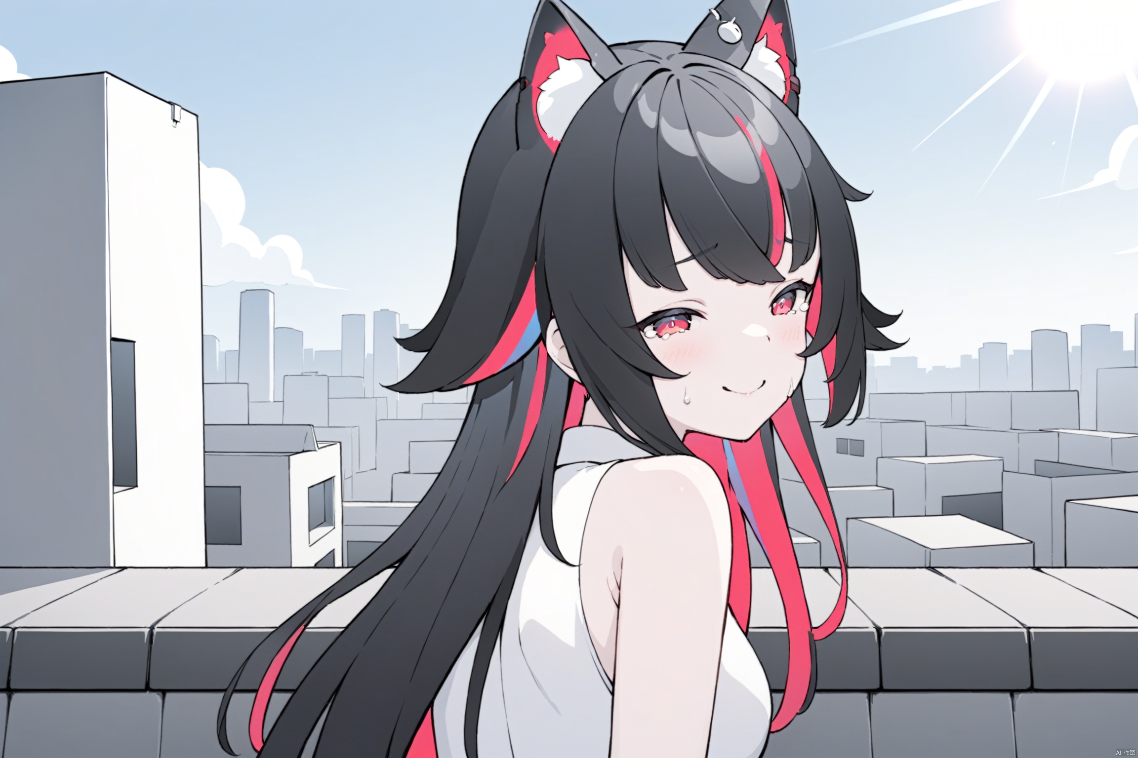 Smiling and shedding tears,Tears on the cheeks:1.5,Shed tears,(masterpiece),Close eye:1.5,(best quality),Backlight,shadow,Close mouth,1girl, desperate smile, 1girl, solo,long hair, animal ears, black hair, multicolored hair, red eyes, bangs, colored inner hair, cat ears,animal ear fluff,back,Close eyes,smile,day,blue sky,sky,sun,cloud,Looking back,On the rooftop,city,building,modern city<lora:EMS-366702-EMS:0.800000>