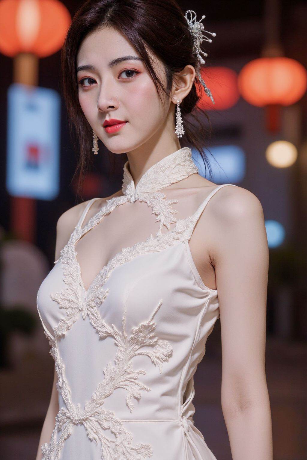<lora:20250528_AgainCharactersF1Lora10:0.8>,1girl, solo, breasts, looking at viewer, short hair, black hair, hair ornament, dress, bare shoulders, jewelry, earrings, sleeveless, blurry, lips, sleeveless dress, white chinese clothes, china dress, side slit, realistic, red lips, neon lights,