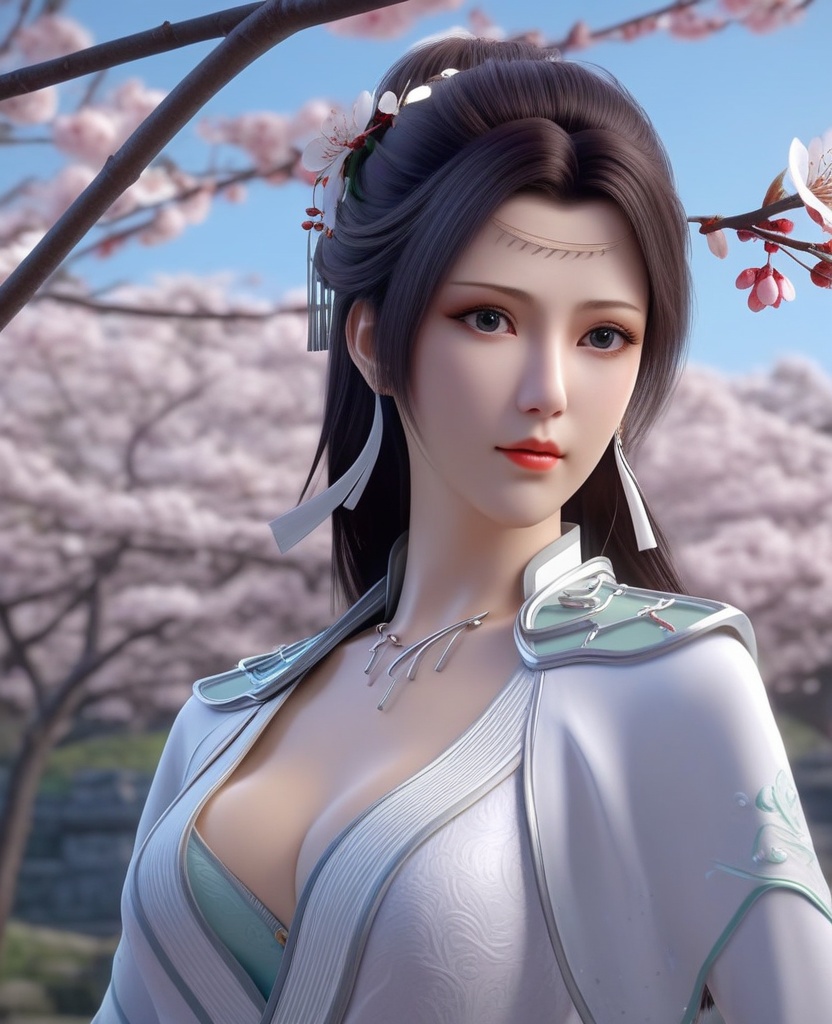 <lora:576-DA-XL-斗破苍穹-云韵-白服:0.8>(,1girl, ,best quality, ),looking at viewer,  ,ultra detailed background,ultra detailed background,ultra realistic 8k cg,, ,masterpiece, (( , )),, ,   plum blossoms,    ,,  (cleavage), (), ,,