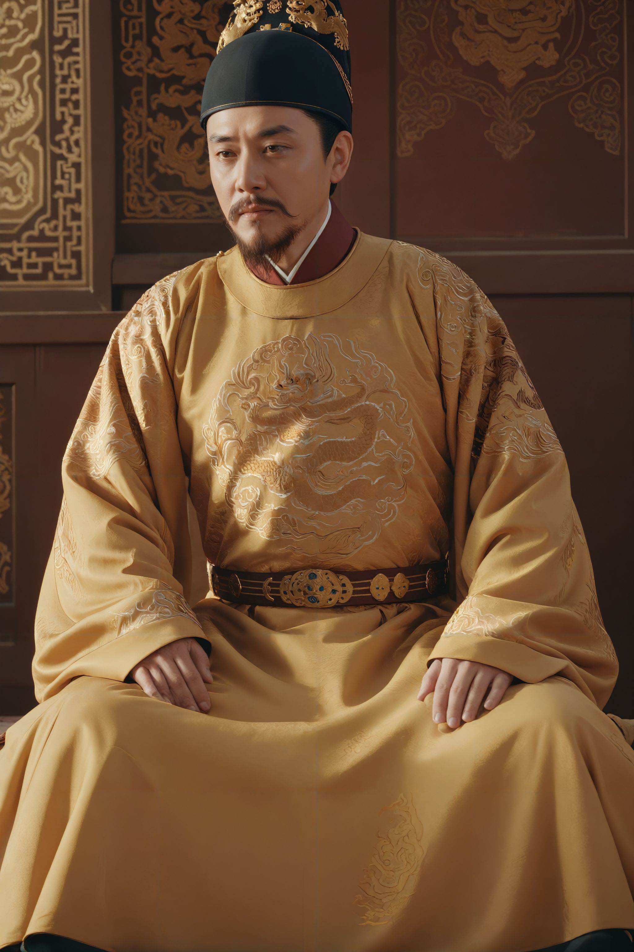 (masterpiece:1.3),(best quality:1.2),highres,sharp,photorealistic,realistic,UHD,(Yishanguan \(hat\):0.8),(SMS \(attire\):1.1),1man,solo,male focus,facial hair,sitting,black hair,beard,full body,closed mouth,realistic,mustache,<lora:changfu1:0.8>,