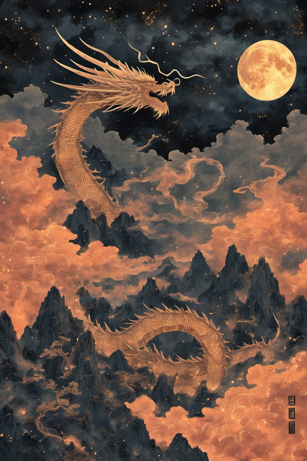 hhongj, moon, no humans, dragon, sky, full moon, night, eastern dragon, star \(sky\), cloud, smoke, mountain, fire, claws, night sky, horns, outdoors, starry sky, scales, signature,<lora:heijin-000008:0.8>,