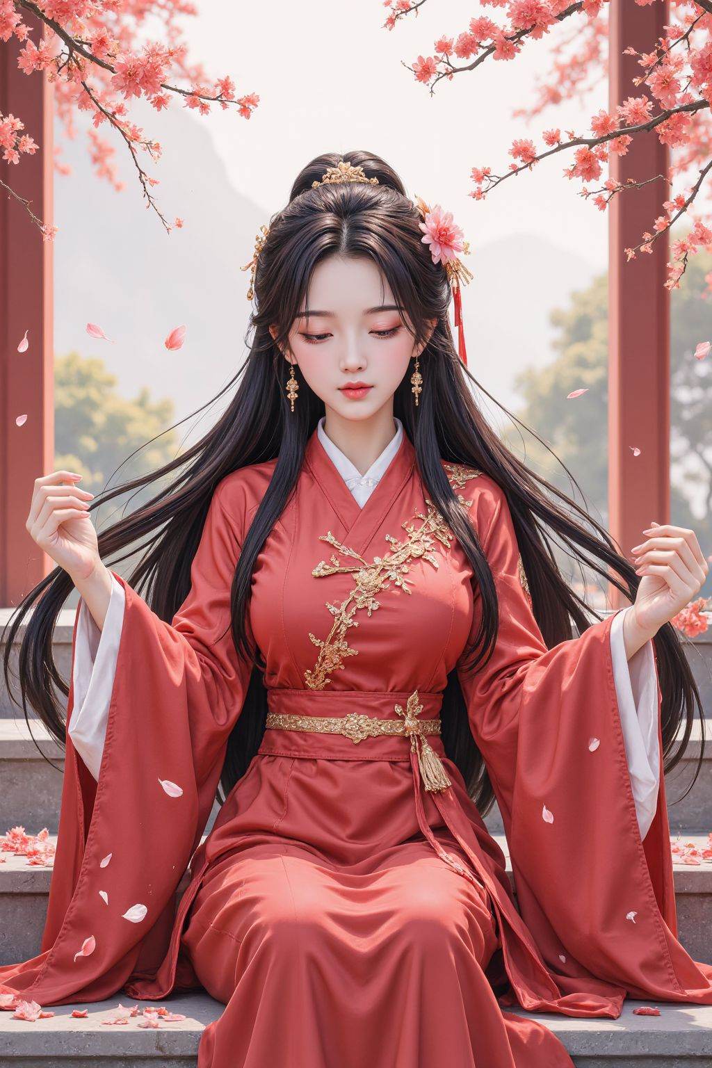 1girl,long hair,solo,closed eyes,jewelry,lying,black hair,on back,earrings,flower,chinese clothes,petals,long sleeves,tassel,stairs,sash,dress,red dress,falling petals,hair ornament,parted lips,hanfu,wide sleeves,