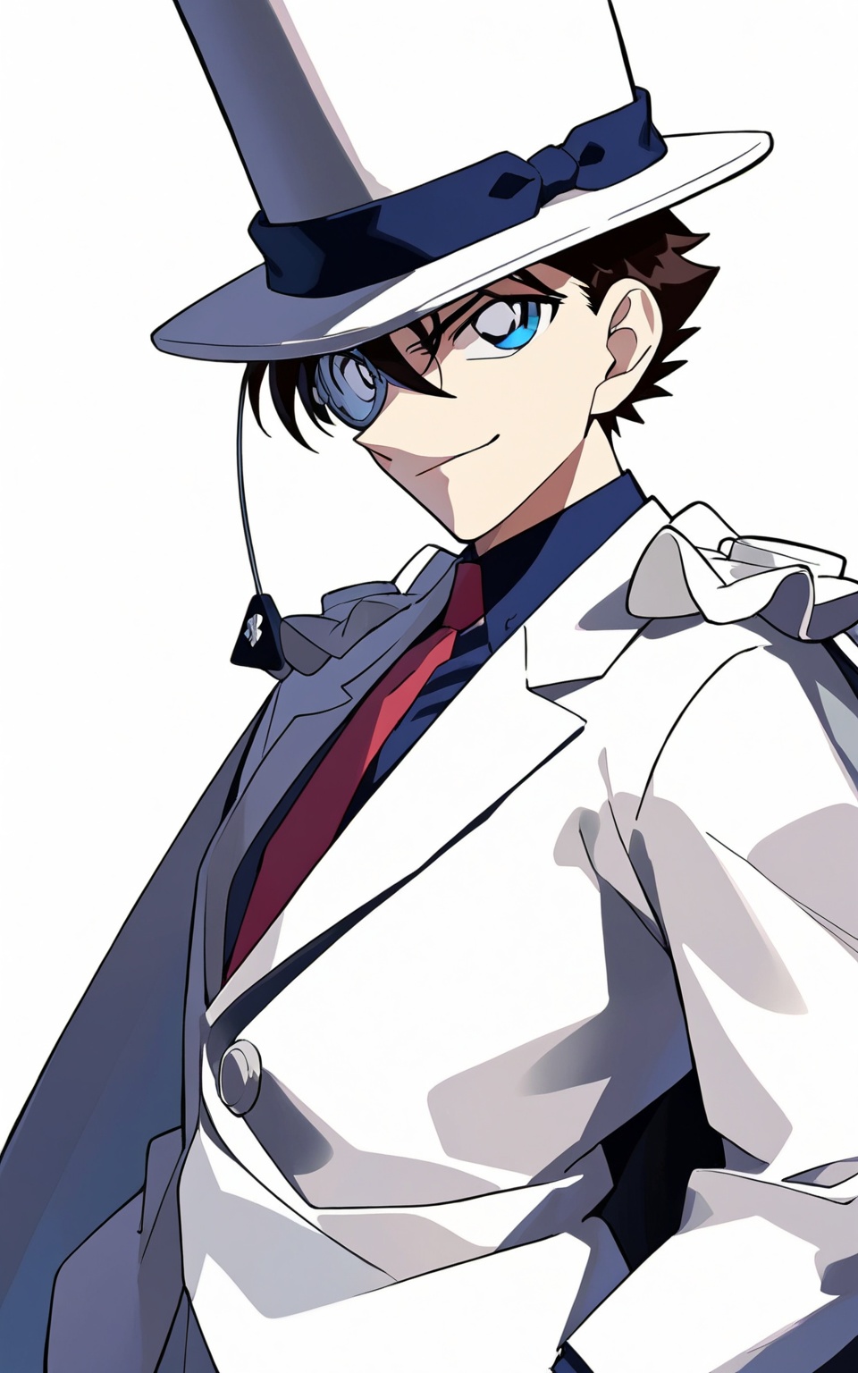 8k, best quality, masterpiece, (ultra-detailed), smile, (standing, medium shot, looking at viewer, white background, clean background:1.5), (pseudo-impasto:0.7), (by ask:0.5), (by rella:0.3), (by mochizukikei:0.3), high resolution, intricate details, solo, close up shot, upper body, <lora:gdkidre-neta-Tanger-000013:0.7>, monocle, gdkit, qinshan artstyle, conan style eyes, 1boy, solo, male focus, cape, hat, top hat, gloves, brown hair, blue eyes, 