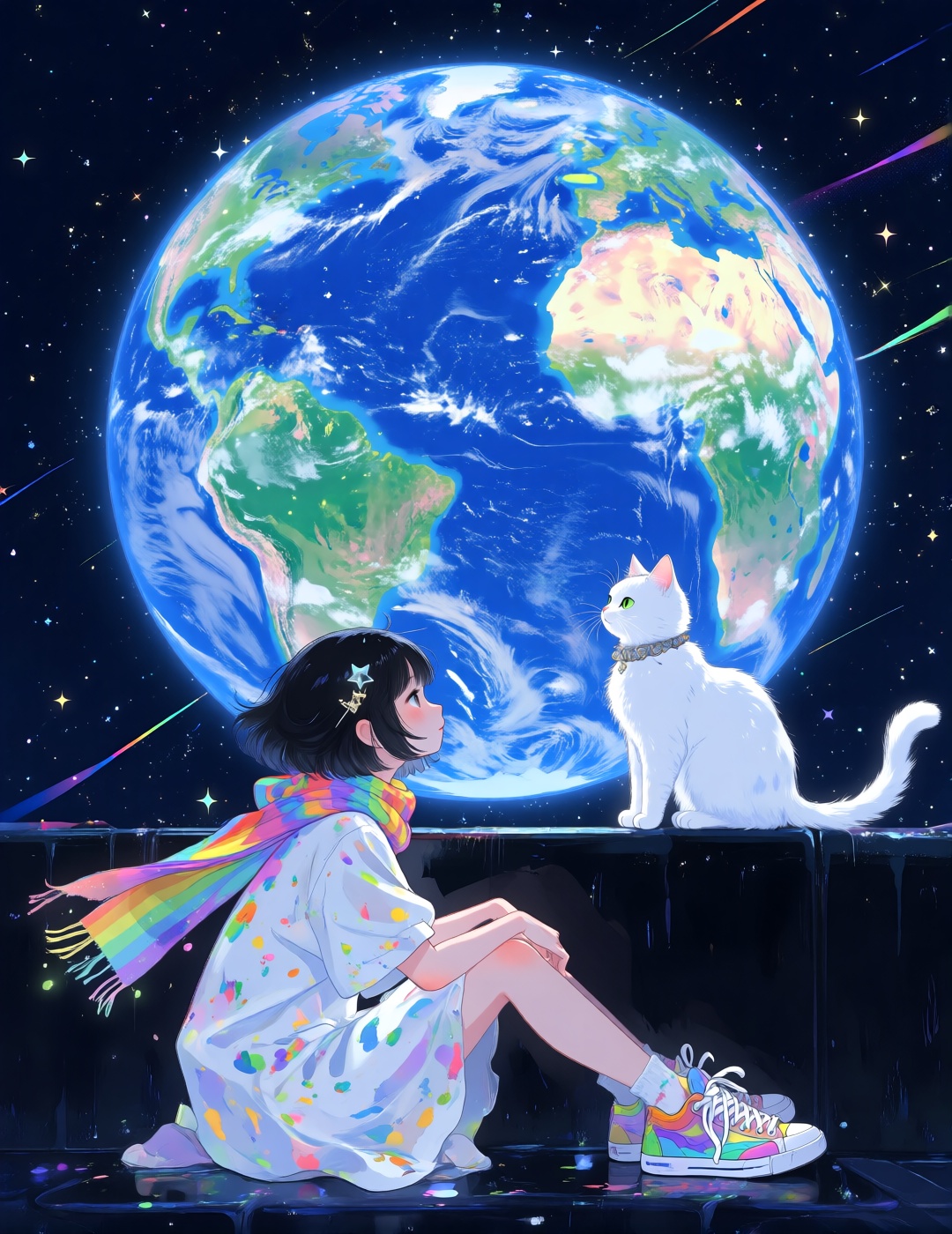 A young girl with short black hair and a star-shaped hairpin sits beside a fluffy white cat on the edge of a dark,  glossy...