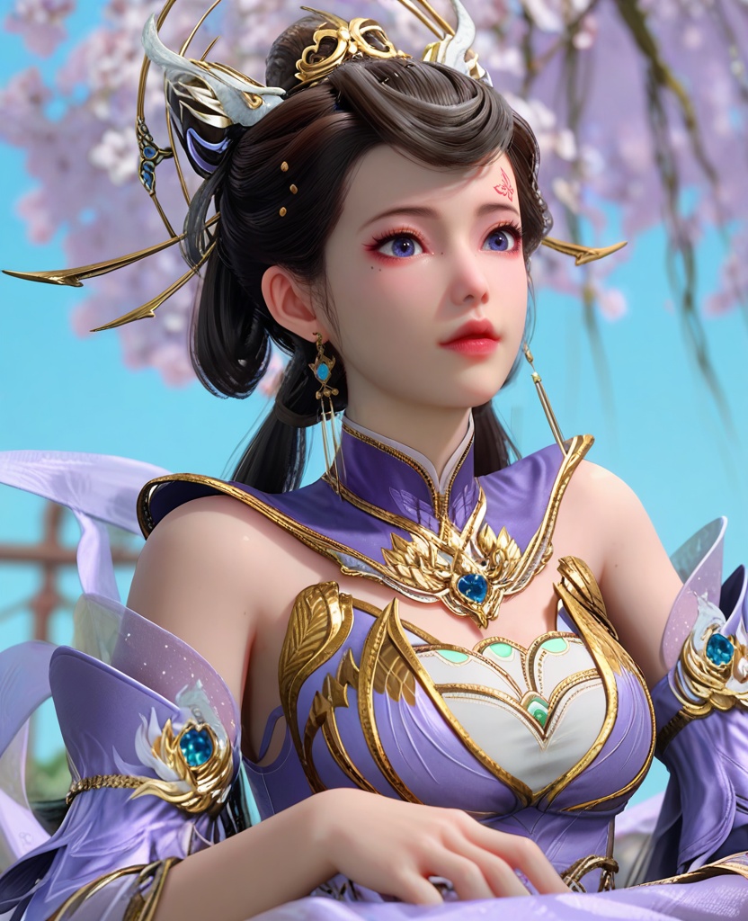 (oriental architecture, elegant decor, sophisticated style:1.1),(lying face down, head toward the camera:1.1),(breasts:1.2),<lora:XL师兄啊狐狸精小兰:0.95>,miss xiaolan,purple tight dress,forehead butterfly mark,mole under right eye,black hair,twintails,hair bun,blue eyes,bare shoulders,earrings,jewelry,hair ornament,blue gemstone,detached sleeves,shawl,, score_9,score_8_up,score_7_up,score_6_up,score_5_up,score_4_up,3d rendering,tag1,tag2, Cinematic Lighting,backlighting,