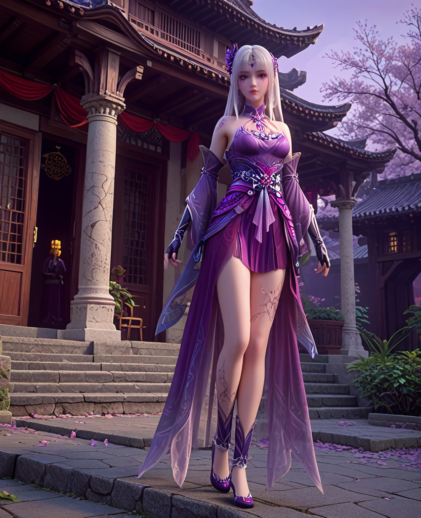 (oriental architecture, elegant decor, sophisticated style:1.1),(on tiptoes:1.1),(breasts:1.2),<lora:XL斗破苍穹小医仙P:0.85>,elder sister,purple dress,white hair,bangs,hair ornament,bare shoulders,brown eyes,purple veil,jewelry,fingerless gloves,blue footwear,sash,(facial tattoo:1.2),(cracked skin:1.2),purple eyes,, score_9,score_8_up,score_7_up,score_6_up,score_5_up,score_4_up,3d rendering,tag1,tag2, Cinematic Lighting,backlighting,