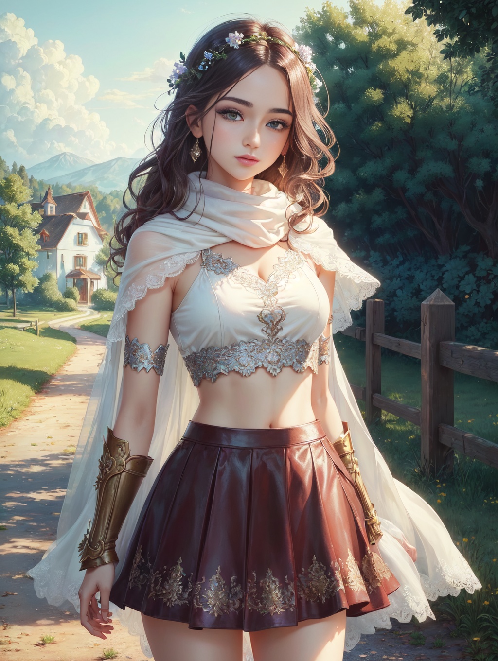 ((best quality)), ((masterpiece)), (detailed), ultra high quality CG, Scherazard, crop top, gauntlets, purple skirt, white shawl, standing, farmhouse, green eyes, rural setting, 4:3 aspect ratio, vibrant colors