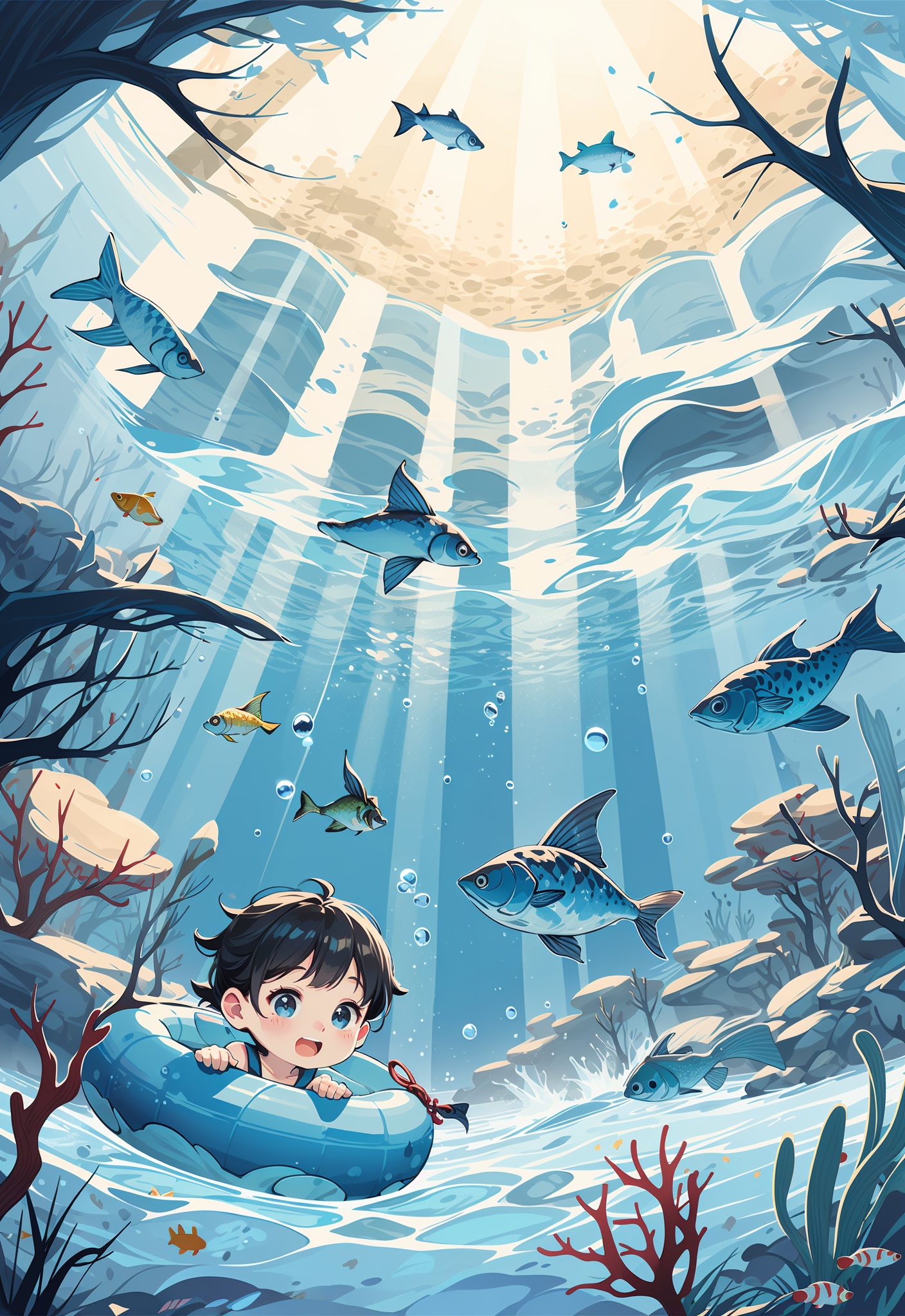 underwater scene, children swimming, fish-shaped floaties, boy with snorkel, girl with inner tube, sea life, bubbles, playful, water surface, sunlight filtering, submerged trees, fish