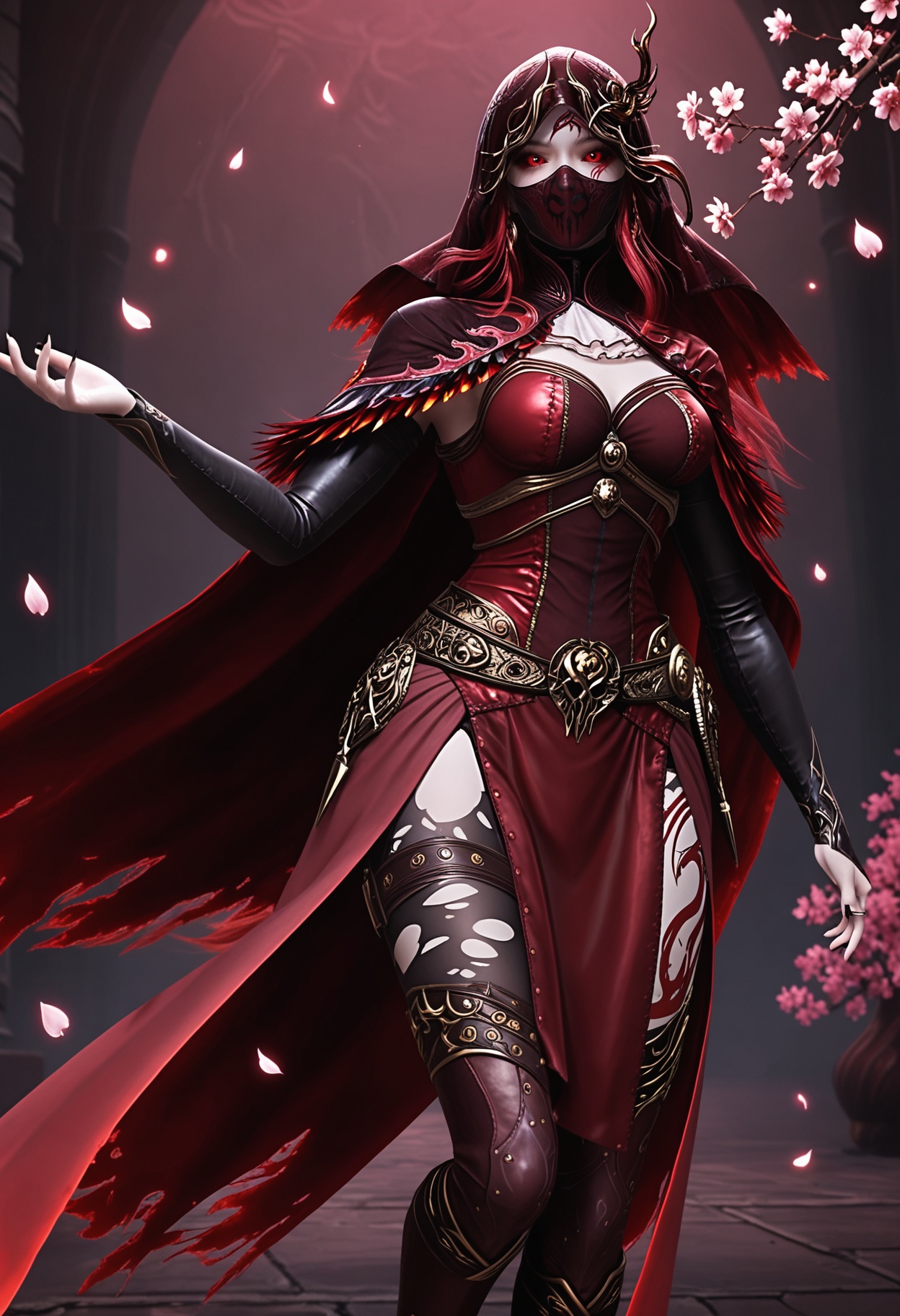 (cowboy shot:1.2),(looking at viewer:1.1),masterpiece,(best quality),smog,Dark room,dim lighting,peach blossom,falling petals,<lora:YQ_Illustrious光辉v5_马小桃_服装2_V1:0.8>,q1528437228,1girl,solo,long hair,red hair,red eyes,dress,cape,belt,boots,jewelry,red dress,thighhighs,earrings,colored sclera,black sclera,high heels,torn clothes,tattoo,red cape,ascot,brown eyes,facial mark,gloves,armor,helmet,horns,glowing eyes,red sclera,thigh boots,high heel boots,white ascot,cloak,black footwear,mouth mask,mask,hood up,veil,hood,