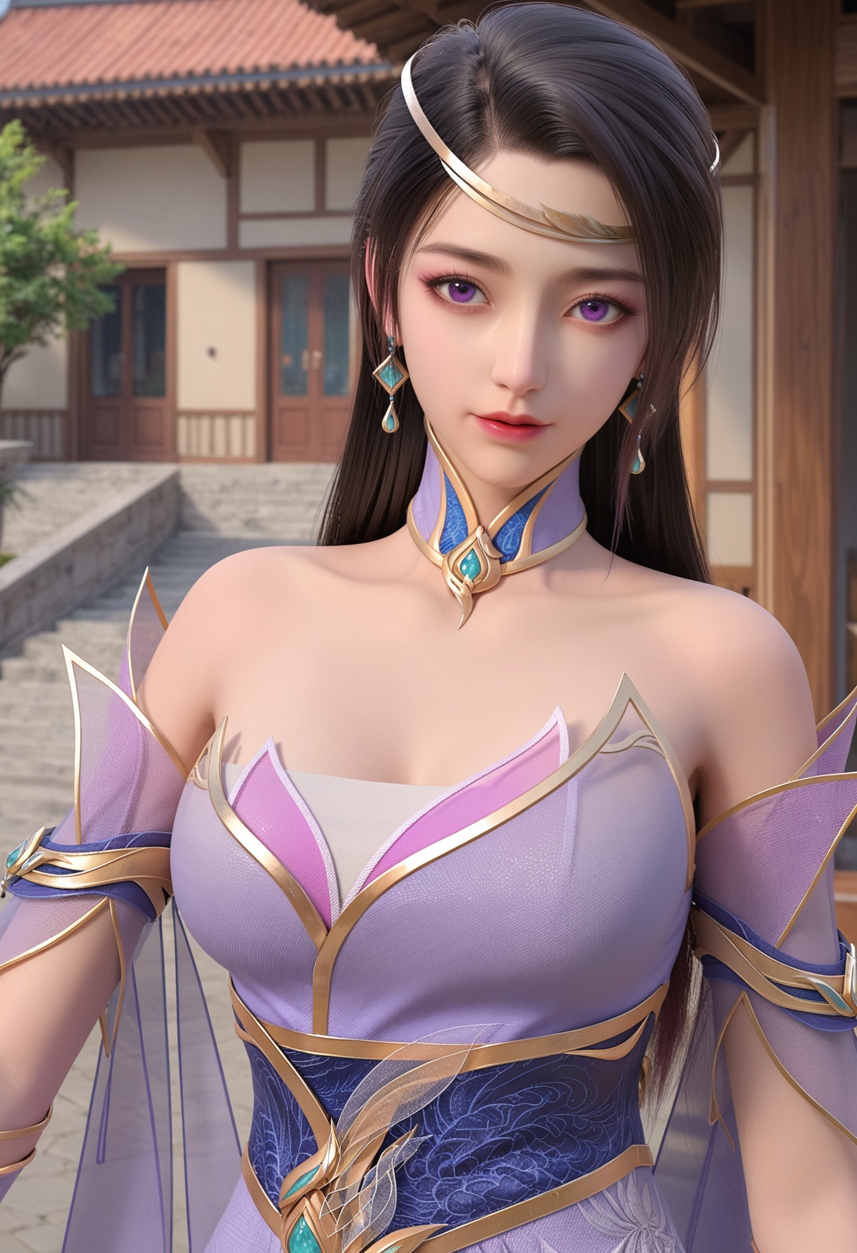 perfect_anatomy,(score_9:1.1),(upper_body:1.1),looking_at_viewer,<lora:YQ_pony_chulingyu_V3:0.8>,1girl,q1528437228,solo,long hair,jewelry,dress,earrings,bare shoulders,black hair,purple dress,breasts,detached collar,detached sleeves,purple eyes,hair ornament,collar,cleavage,perfect_anatomy BREAK (perfect_anatomy:1.1),mature female,(east_asian_architecture,:1.1),(shiny_skin),(Ivory_skin:1.1),(cinematic lighting),