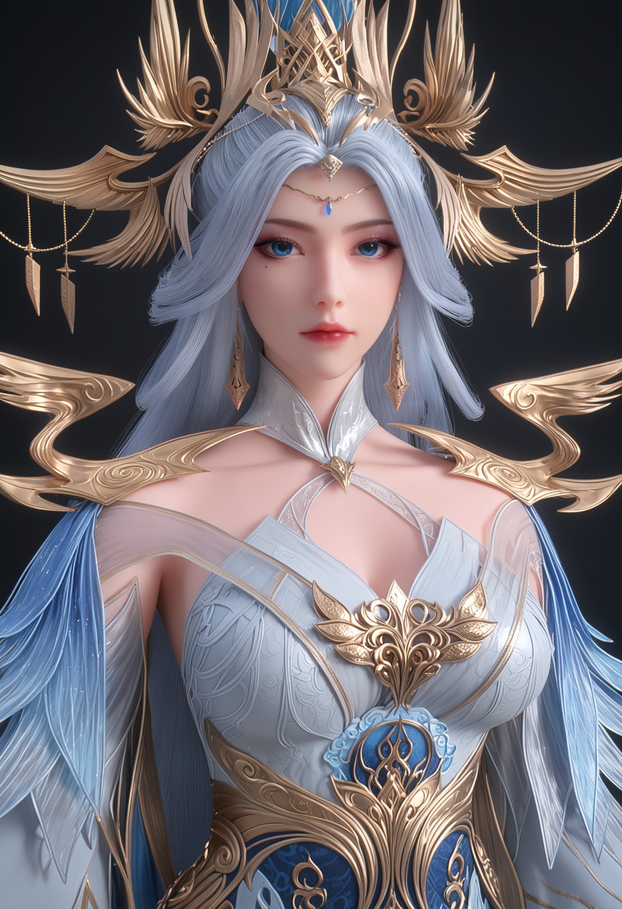 score_9,upper_body,looking at viewer,(large breasts:0.8),1girl,solo,long hair,hair ornament,jewelry,blue eyes,earrings,dress,white hair,blue dress,closed mouth,long sleeves,mole under eye,expressionless,detached sleeves,makeup,high_heels,(simple background,pure black background,black background:1.1),perfect_anatomy,<lora:QQSponyningyudiedujieV1:0.8>,