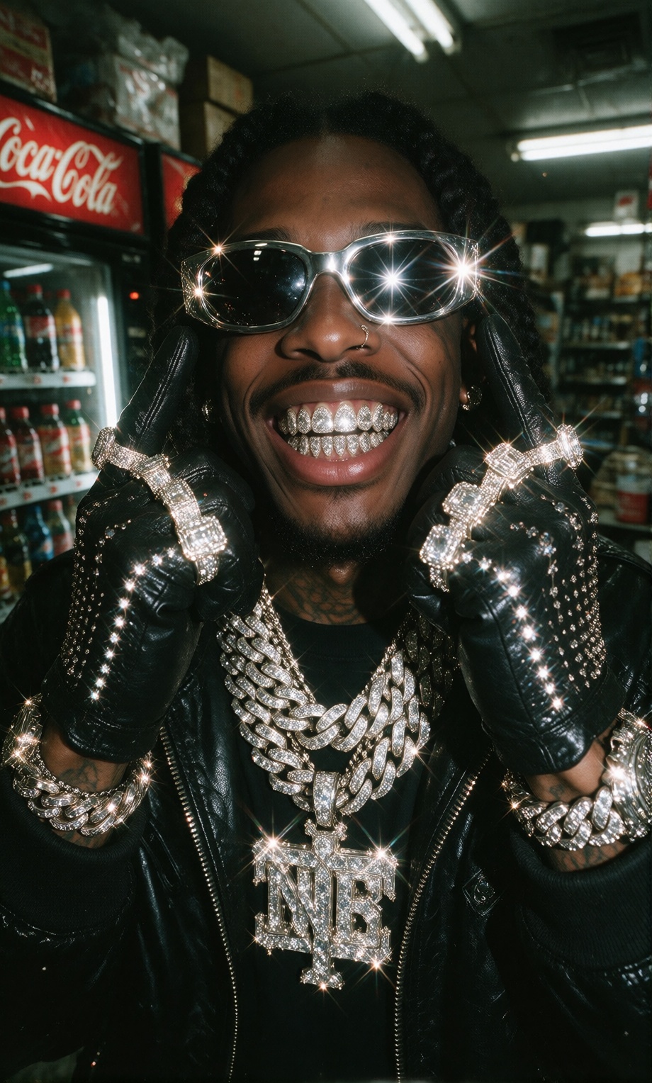 Dark-skinned man wearing enormous diamond grillz,  mirrored silver sunglasses,  rhinestone gloves and ridiculous platinum...