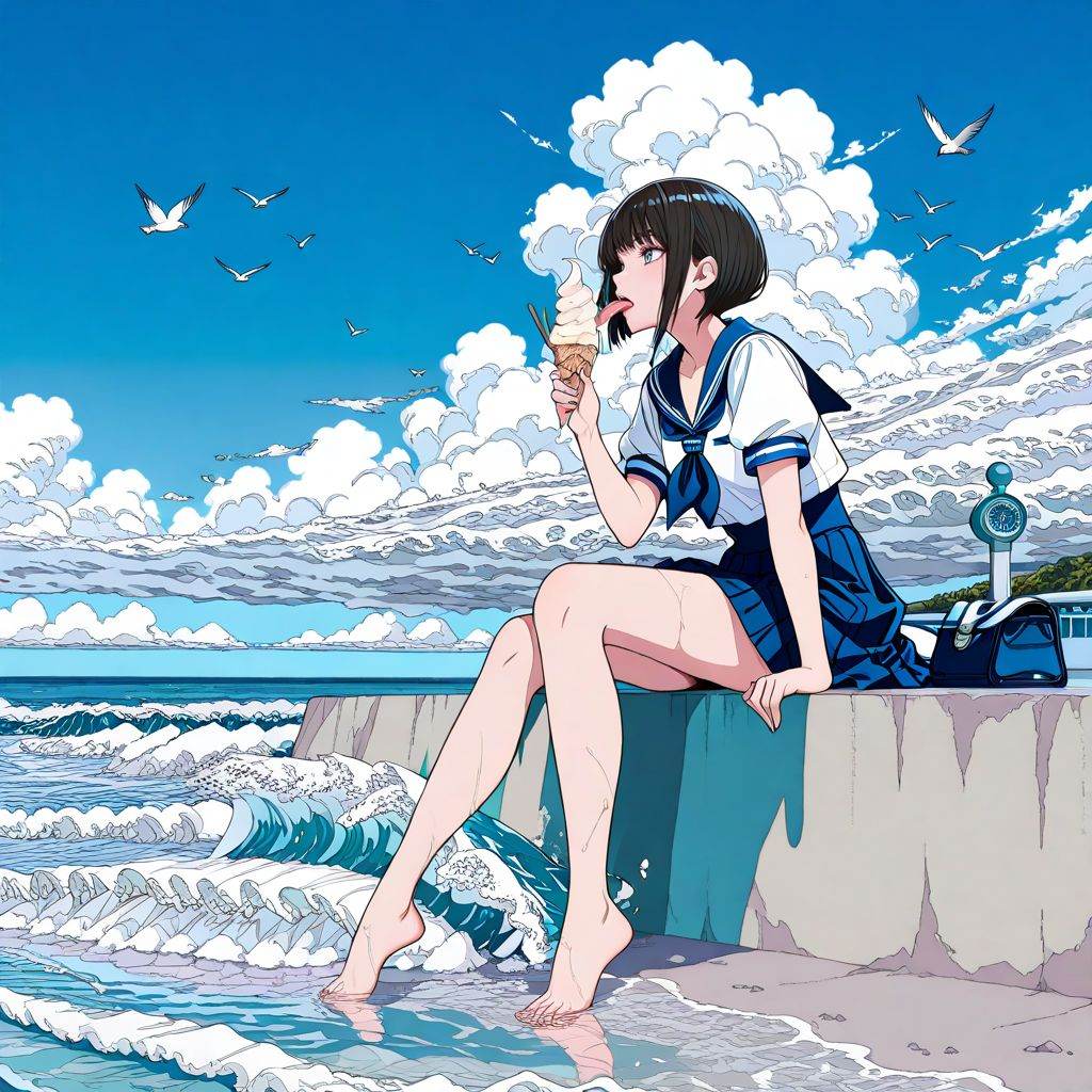 1 girl,  solo,  sitting on seawall on Tensor.Art