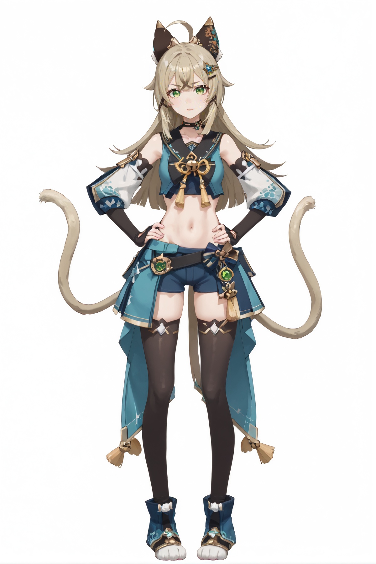 score_9, score_8_up, score_7_up, score_anime, 8k, best quality, masterpiece, (ultra-detailed), (white background,simple background:1.3), solo, hands on hip, (full body:1.1), looking at viewer, <lora:yll-pony-Tanger:0.8>, yll, def clothes, muye, nekomata girl, 1girl, green eyes, animal ears long hair, ahoge, hair ornament, navel, (2 tails, cat tails:1.2), 