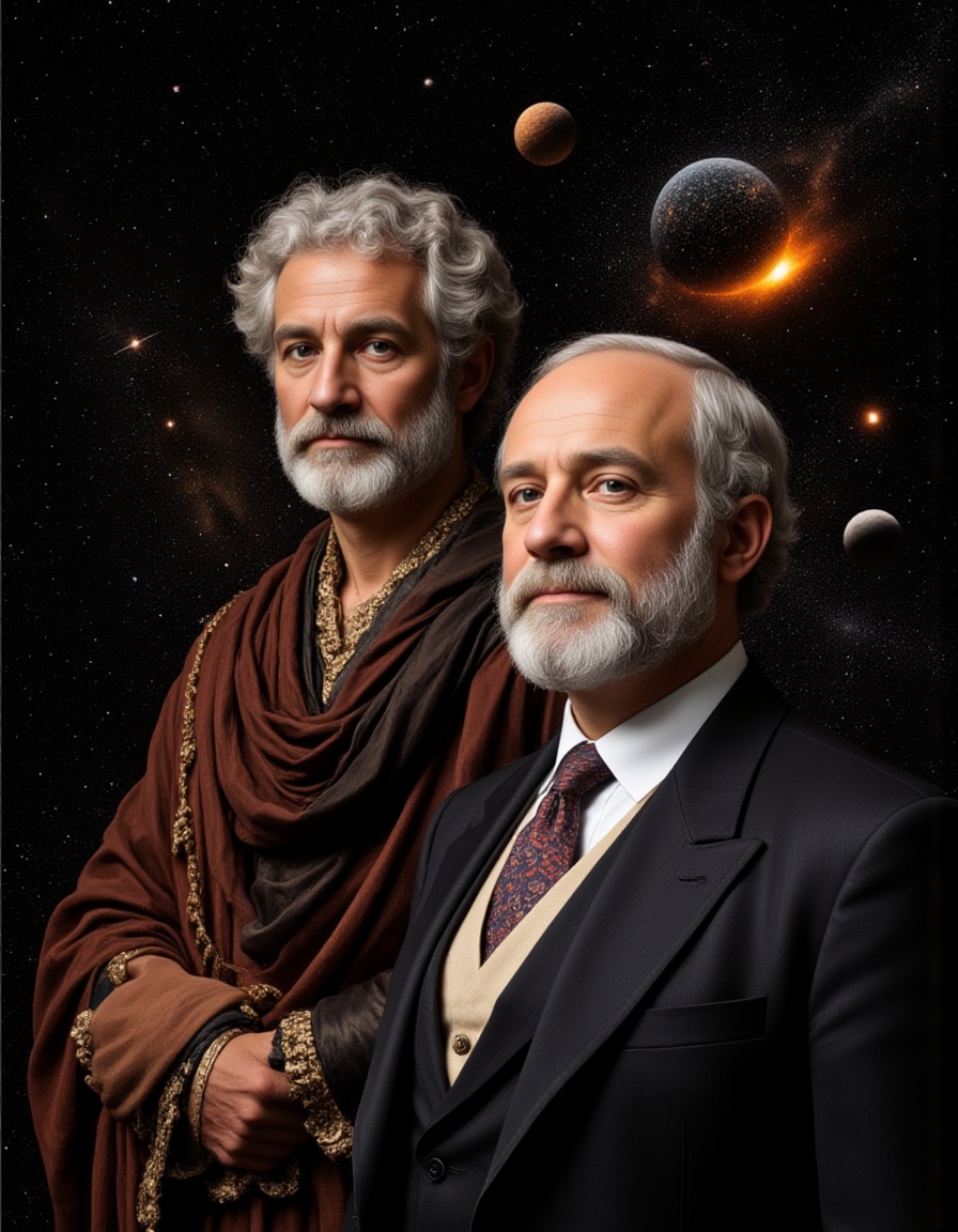F1AlistdBolatu,A cosmic portrait of two historical figures,set against a backdrop that merges classical art with modern astronomy.,<lora:FLUX.阿里斯多德＆柏拉图F1AlistdBolatu:1.1>,