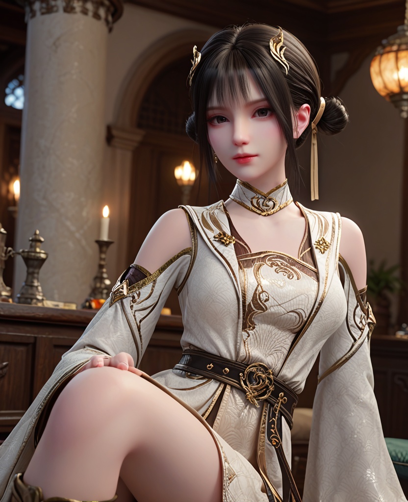 (oriental architecture, elegant decor, sophisticated style:1.1),((pose):1.1),looking at viewer,(breasts:1.2),<lora:XL斗破苍穹丹晨:0.9>,miss danchen,brown underdress,white robe,detached collar,belt,shoulder cutout,black eyes,black hair,bangs,sidelocks,hair ornament,double bun,boots,, score_9,score_8_up,score_7_up,score_6_up,score_5_up,score_4_up,3d rendering,tag1,tag2, Cinematic Lighting,backlighting,, zPDXL3, zPDXL2,zPDXL, zPDXLxxx, zPDXLrl,