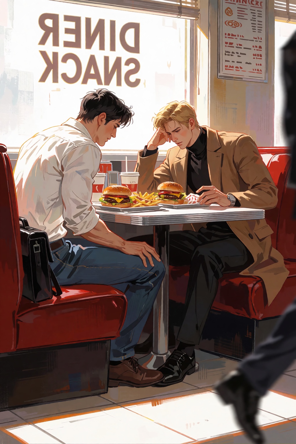 Inside a diner,  a dark-haired man in a white button-up shirt and jeans slumps forward with his hands on his thighs on a r...