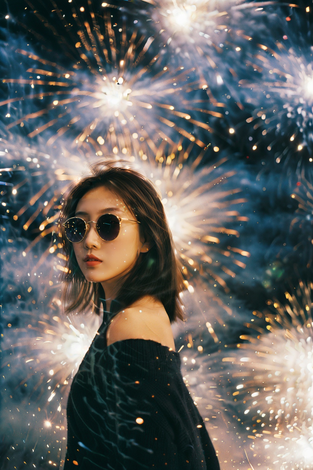 an asian girl,film grain texture,analog photography aesthetic,fire,fireworks,night,<lora:disillusion · fireworks_SDXL:1>,sunglasses,dynamic angle,upper_body,(Off-the-shoulder_sweater:1.4),