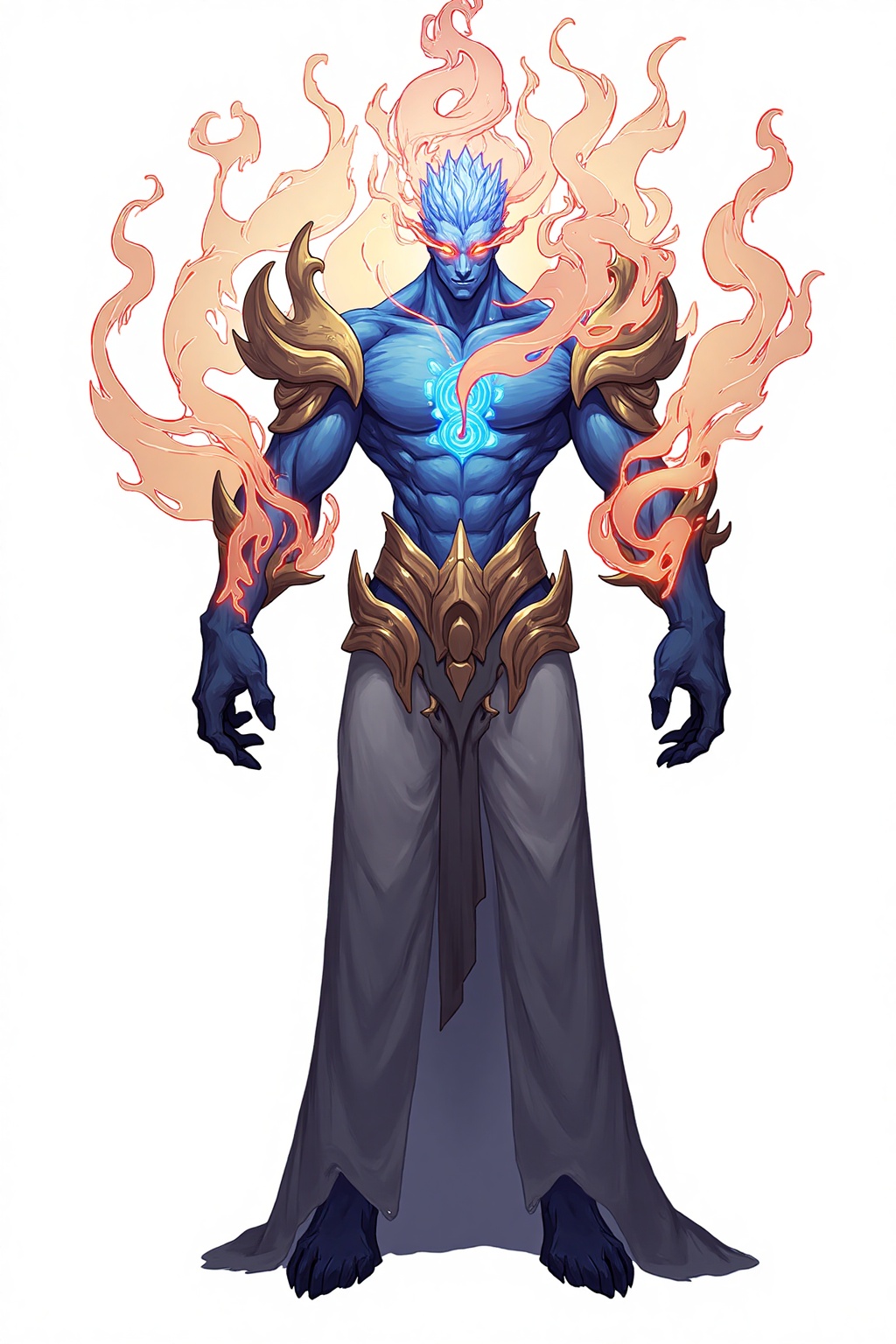 HEZI,Elemental Spirit,Character Design,full body,white background,game character,1boy,Light texture,water ripple texture,flame texture,wind ripple texture,flame arm texture,fiery hair,solo,blue skin,male focus,armor,colored skin,glowing,fire,white background,glowing eyes,full body,standing,simple background,no pupils,
