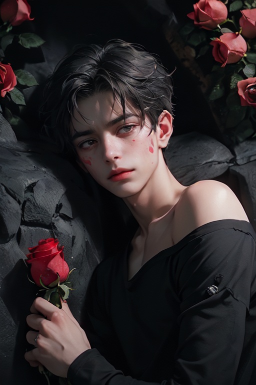 (1 boy:1.8),flower, (photography: 1.6), (masterpiece 1.2), (32k: 1.8), (many roses:1.8), looking at viewer, makeup, red lips, long hair, red flower, petals, (red rose: 1.0), brown Eyes, lips, collarbone, lipstick, there is a red spot on the face, (covered by roses: 1.2), lying on the ground, upper body,(wear black shirt:1.2),Cinematic quality,(There are red spots on the face, covered by roses:1.8),dim light,(melancholy style:1.8),(deep and dark environment:2) <lora:玫瑰少年_1.0:0.7>