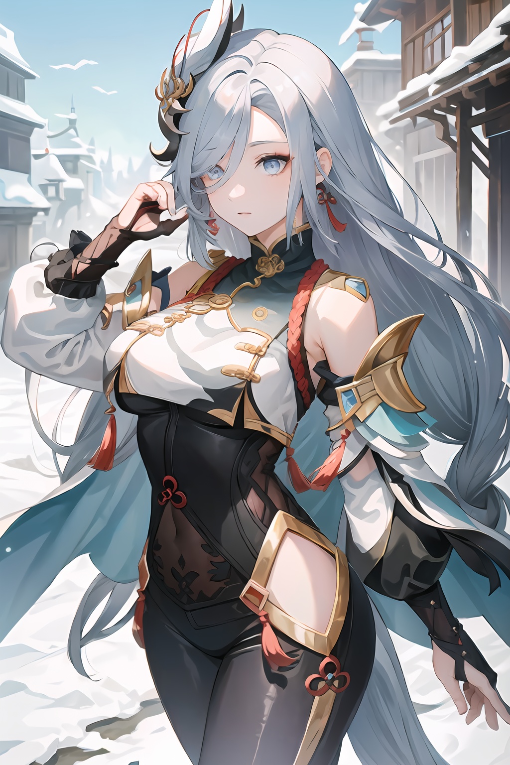 (masterpiece, best quality:1.2),insanely detailed,absurdres,ultra-highres,ultra-detailed,best quality,slender,kawaii,perfect symmetrical face,ultra cute girl,ultra cute face,ultra detailed eyes,ultra cute,ultra beautifu,<lora:shenheh-000001:1>,shenhe\(the world's shackles\),shenhe \(genshin impact\),1girl,solo,long hair,hair ornament,hair over one eye,bare shoulders,breast curtain,black bodysuit,hip vent,breasts,nail polish,partially fingerless gloves,grey hair,tassel,tassel earrings,jewelry,clothing cutout,high heel sandals,gold trim,long sleeves,detached sleeves,backless outfit,outdoors,multicolored eyes,