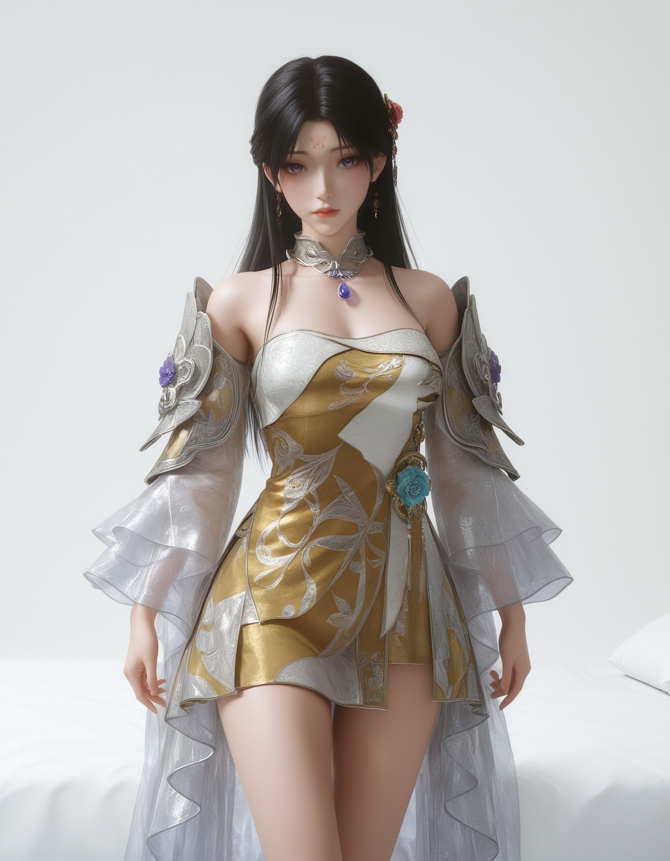 masterpiece,best quality,realistic,cinematic,detail eyes,(ultra-detailed),perfect composition,intricate details,absurdres,detailed face,high quality,high res,8K,<lora:X_gumuqing_IL4.0:0.8>,black hair,purple eyes,light purple eyes,forehead mark,1girl,long hair,breast,medium breast,hair_ornament,dress,simple background,white_background,bed,looking_at_viewer,bare_legs,standing,cowboy_shot,yellow_dress,