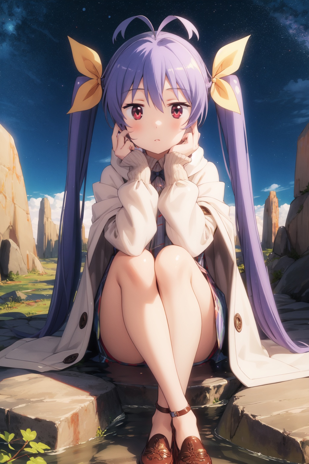 <lora:Renge-000003:0.8>,Renge CYQL,1girl,looking at viewer,solo,twintails,purple hair,long hair,antenna hair,hair ribbon,red eyes,loli,Aran sweater duster coat worn over a bodycon dress and heels,Skeptical, Raised eyebrows and a slightly pursed mouth.,panorama,beautiful face,beautiful eyes,glossy skin,shiny skin,Rocks, Desert, Formations, Sandstone, Erosion, Colors, Arid, Silence,(Japanese maples, Zen garden, Red foliage, Stone lanterns, Autumnal hues, Japanese serenity:0.6),beautiful detailed sky,beautiful detailed glow,masterpiece,best quality,beautiful and aesthetic,wallpaper,