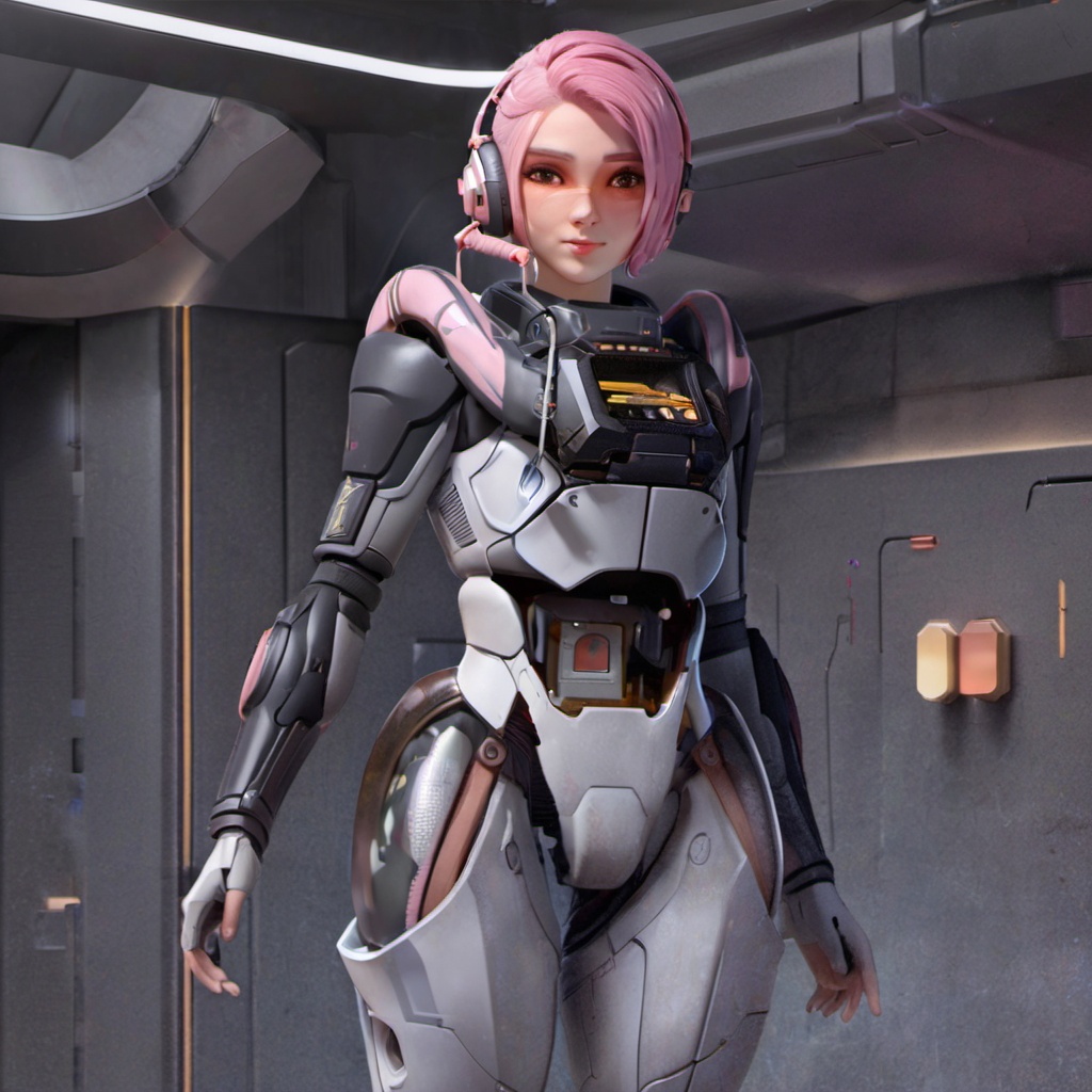 <lora:lida_xl_2_v2:0.8:lbw=NEW>,full body,lida,1girl,pink hair,solo,headset with microphone,futuristic armored suit,wearing a futuristic armored suit,short hair,