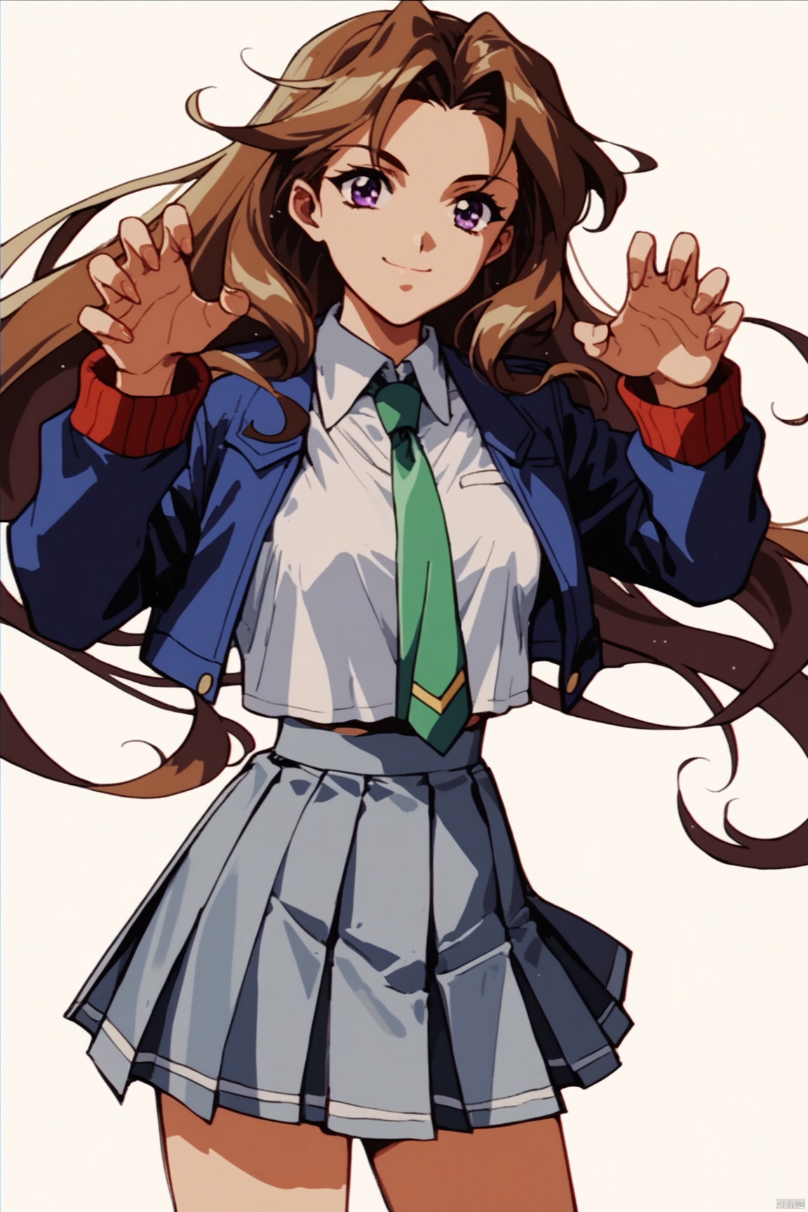 score_9,score_8_up,score_7_up,score_6_up,retro artstyle, 1980s (style), 1girl, solo, long hair, skirt, green necktie, necktie, white background, jacket, pleated skirt, brown hair, smile, simple background, shirt, floating hair, cowboy shot, cropped legs, looking at viewer, blue skirt, standing, claw pose, white shirt, school uniform, long sleeves, blue jacket, miniskirt, very long hair, wing collar, collared shirt, closed mouth, grey skirt, purple eyes