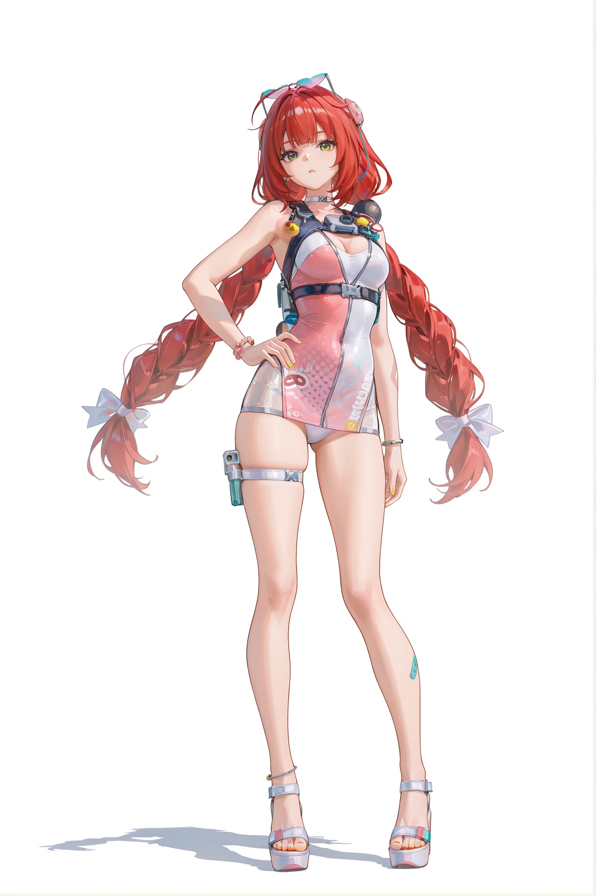 8k,best quality,masterpiece,(ultra-detailed),(high detailed skin),((artist:reoen),(artist:fuzichoco),(artist:atdan),(artist:torino_aqua),year 2024:0.8)1girl,[artist:wlop],[artist:ningen_mame],artist:ciloranko,[[artist:rhasta]],artist:tidsean,colorful,jijia,2d,ambient light,full body,full shot,standing,looking at viewer,(solo:1.2),simple background,(white background:1.2),hand on own hip,(white background:1.1),<lora:fuaizzz-ill-Tanger:0.8>,Ukinami Yuzuha \(Zenless Zone Zero\),clothes: Yuzuhasw swimsuit,Yuzuhasw pink mini dress,1girl,long hair,twin braids,green eyes,breasts,red hair,jewelry,bracelet,bangs,Yuzuhasw thigh strap,eyewear on head,