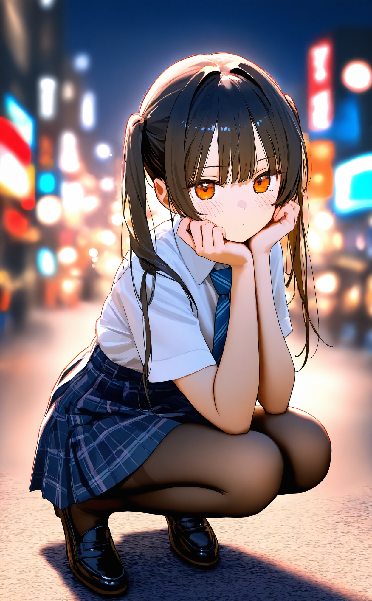 masterpiece,very awa,highres,absurdres,newest,best quality,//,1girl,squatting,skirt,pantyhose,shirt,black_hair,twintails,looking_at_viewer,necktie,plaid_skirt,white_shirt,black_footwear,long_hair,plaid,short_sleeves,thighband_pantyhose,outdoors,blurry_background,night,shoes,school_uniform,blurry,solo_focus,striped_necktie,loafers,diagonal-striped_clothes,blue_skirt,collared_shirt,pleated_skirt,shirt_tucked_in,closed_mouth,blush,sidelocks,orange_eyes,full_body,hand_on_own_cheek,hand_on_own_face,high-waist_skirt,diagonal-striped_necktie,head_rest,thighs,blue_necktie,bokeh,black_pantyhose,legs,depth_of_field,city_lights,miniskirt,brown_pantyhose,elbow_rest,street,hair_intakes,solo,road,//,year_2023,year_2024,//,