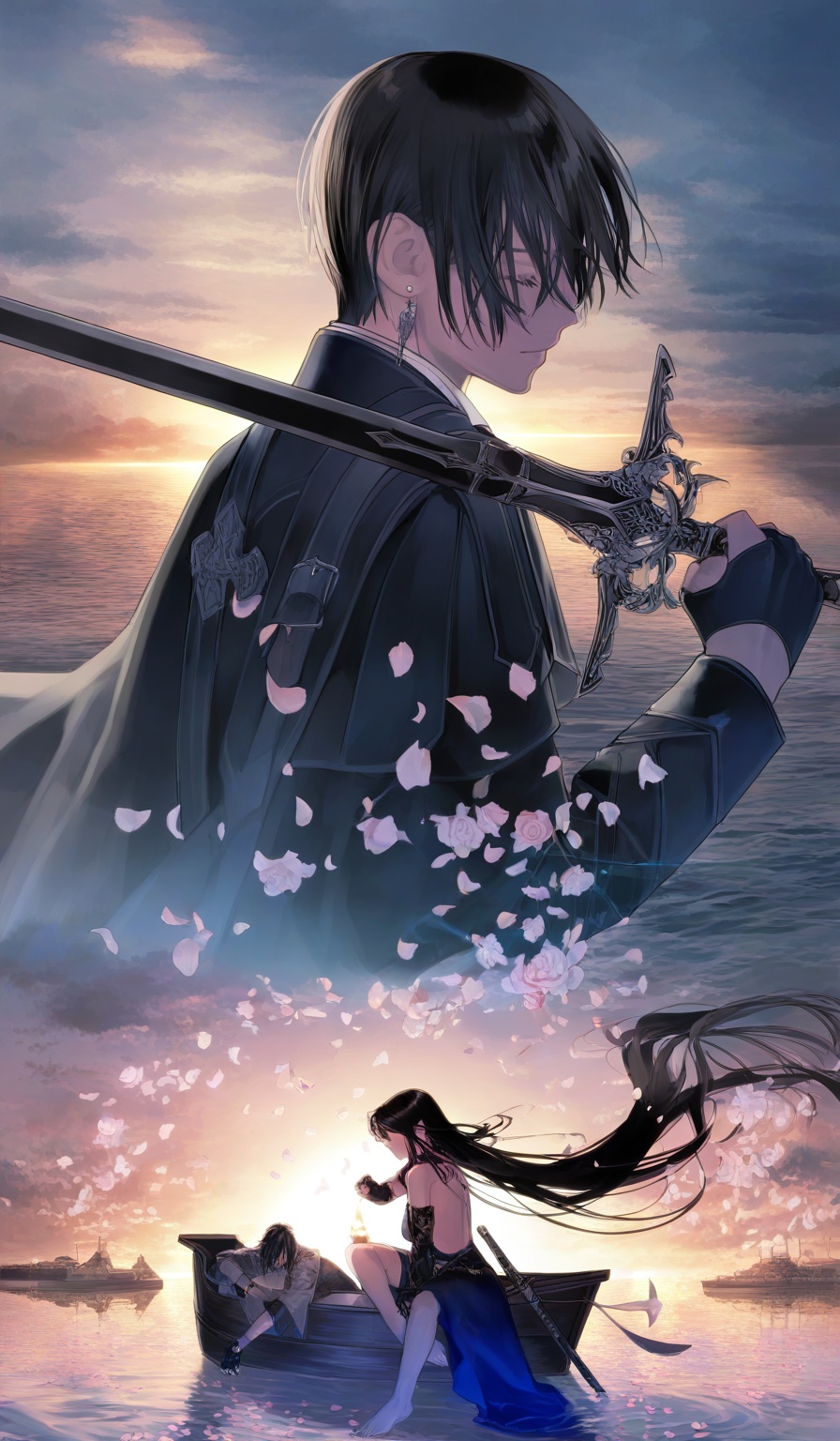 <lora:鵜飼沙樹-Style-000060:1>,highres,absurdres,newest,very awa,masterpiece,best quality,year 2024,(upper body:1.6),1girl, candle, 1boy, weapon, sword, black hair, long hair, barefoot, closed eyes, cloud, gloves, sitting, sky, water, jewelry, flower, holding, sunset, fingerless gloves, very long hair, earrings, cloudy sky, sheath, outdoors, black gloves, rose, instrument, short hair, ocean, watercraft, bird, coat, boat, petals, holding weapon, knife, holding sword