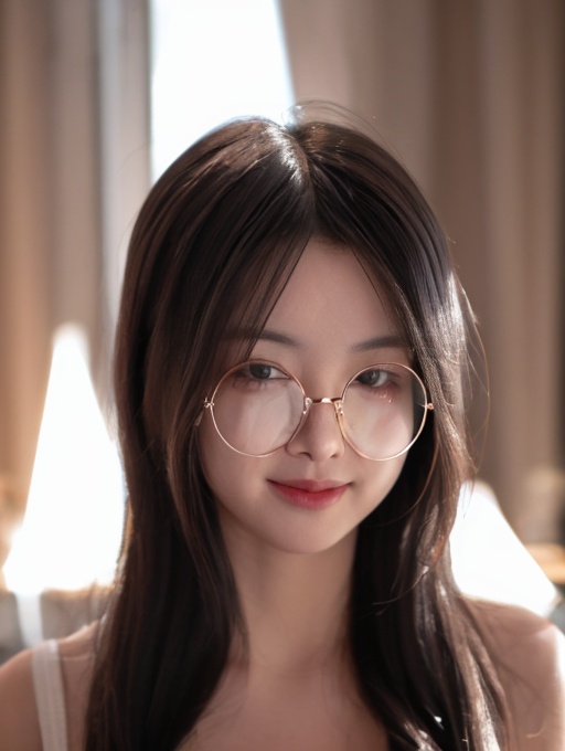 1girl,round eyewear,highres,realistic,highres,<lora:lora-000008.by_tusi:0.8>,looking at viewer,smile,photo,Volumetric Lighting,Cinematic Lighting,photo_(medium),reality,depth_of_field,upper_body,<lora:QYpifuV1:0.2>,<lora:Flux洗图神器:0.2>,