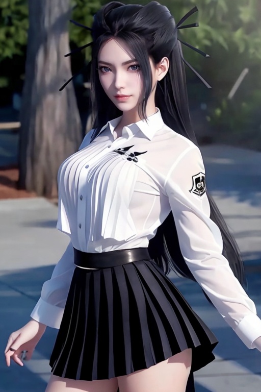 1 girl,black hair,Blue eyes,medium breasts,(white Shirt dress:1.3)and(black pleated skirt:1.4),break,light smile,standing,solo,,<lora:fb793ff6632ce98f34c43b74eee0ddb1e403d9ac4652e2e712f4bd73ad3e7241:0.56>