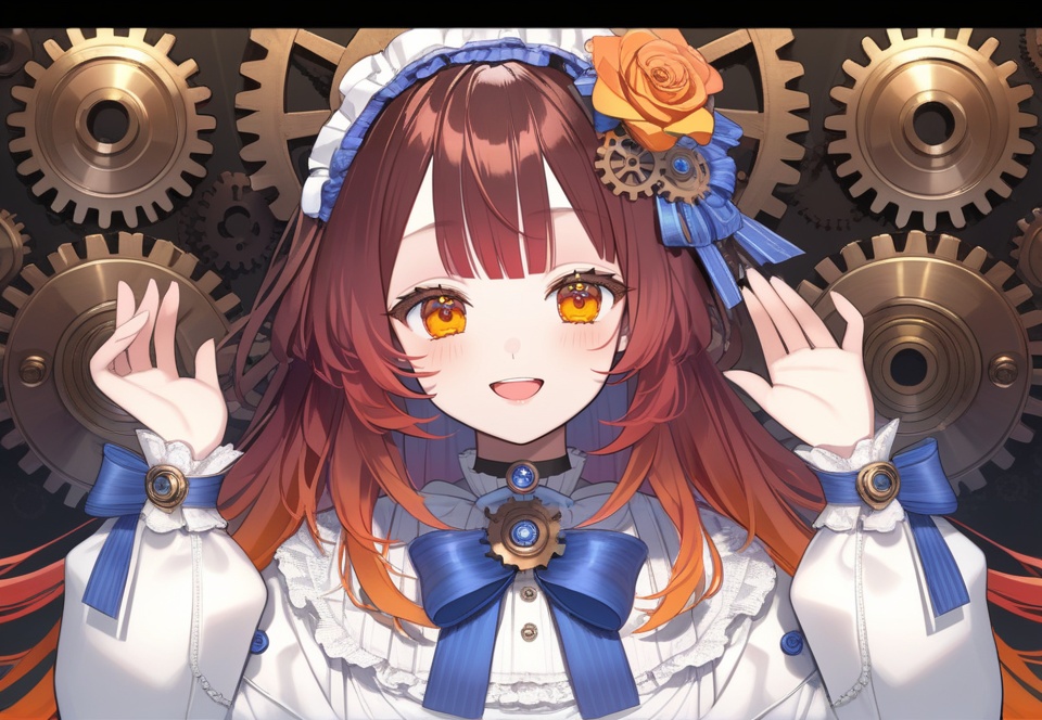 (best quality), ((masterpiece)), (highres), illustration, original, extremely detailed, <lora:淡彩の华美病娇:0.6>1girl, virtual youtuber, solo, flower, hair flower, hair ornament, brown hair, long hair, roboco-san, gears, open mouth, looking at viewer, smile, letterboxed, bow, choker, long sleeves, multicolored hair, yellow eyes, rose, bangs, orange eyes, upper body, gradient hair