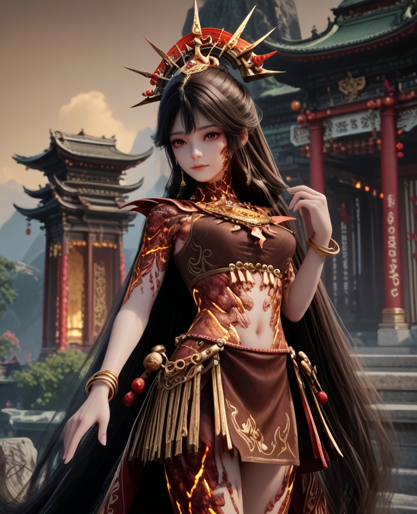 (oriental architecture, elegant decor, sophisticated style:1.1),(arching her back:1.1),(breasts:1.2),<lora:XL16牧神记炎晶晶:0.95>,teenage girl,brown crop top,brown eyes,black hair,absurdly long hair,hair ornament,bracelet,lava skin,brown skirt,faulds,, score_9,score_8_up,score_7_up,score_6_up,score_5_up,score_4_up,3d rendering,tag1,tag2, Cinematic Lighting,backlighting,