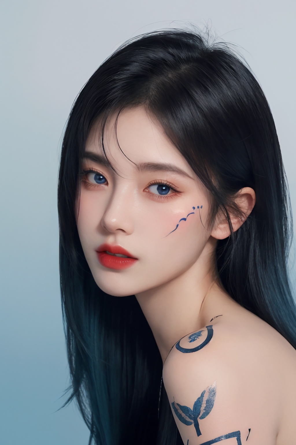 1girl, arm tattoo, bangs, bare shoulders, blue background, blue eyes, blue hair, body writing, breasts, facepaint, facial mark, facial tattoo, gradient, gradient background, hair ornament, heart tattoo, lips, lipstick, long hair, makeup, medium breasts, number tattoo, parted lips, red lips, shoulder tattoo, sleeveless, solo, tattoo, upper body  <lora:绘画美女1.0:0.8>