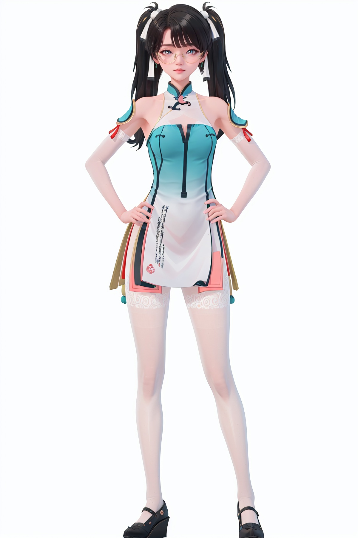 8k, best quality, masterpiece, (ultra-detailed), (white background,simple background), solo, (hands on hip:1.1), (full body:1.1), looking at viewer, <lora:zhezhi-sd-Tanger:0.8>, zhezhi, default clothes, white pantyhose, 1girl, long hair, black hair, glasses, twintails, dress, black footwear, chinese clothes, 