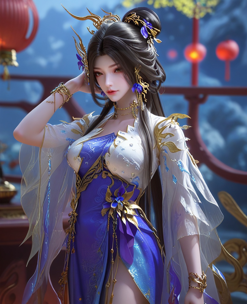 (oriental architecture, elegant decor, sophisticated style:1.1),(hands on her head, holding herself up,:1.1),(Medium long shot:1.1),(large breasts:1.2),<lora:XL16云深不知梦羲和第19集揽月湖:0.95>,miss xihe,white crop top,violet and blue tiered dress,brown eyes,black hair,long hair,draped looped buns,hair ornament,jewelry,earrings,bracelet,lantern,, score_9,score_8_up,score_7_up,score_6_up,score_5_up,score_4_up,3d rendering,tag1,tag2, Cinematic Lighting,backlighting,