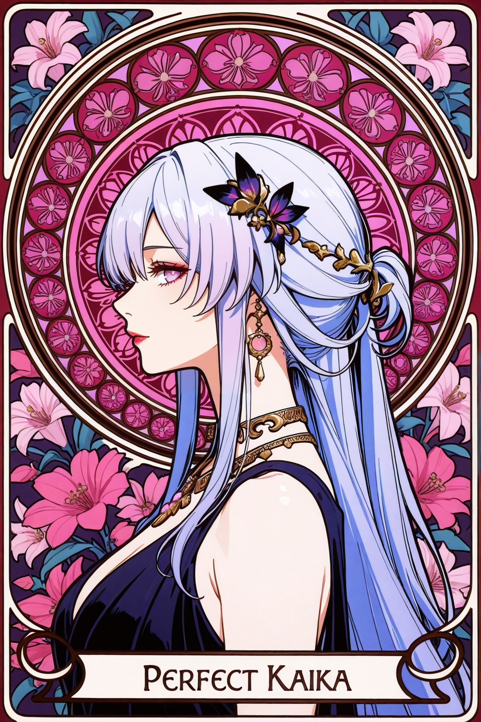 <lora:夏穆风·滤镜·ILL:0.8>,kafka \(honkai: star rail\),art nouveau,long hair,1girl,profile,jewelry,flowers,hair ornament,necklace,solo,from side,depth of field,masterpiece,best quality,very aesthetic,alternate costume,alternate costume,2024,2023,perfect composition,ultra-detailed,extreme aesthetic,masterpiece,best quality,good quality,newest,year 2024,year 2023,very aesthetic,absurdres,looking_at_viewer,colorful,makeup,