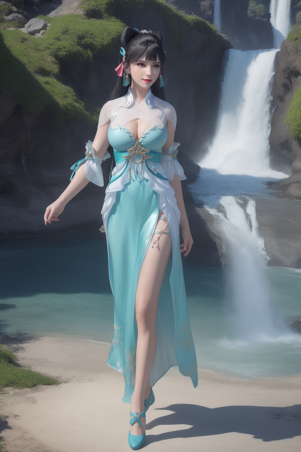 ultra realistic 8k cg,flawless,clean,masterpiece,professional artwork,famous artwork,perfect face,beautiful face,best quality,full_shot,absurdres,shenfengYuZiMo,1girl,solo,dress,chinese clothes,short sleeves,double bun,short sleeves,standing,detached sleeves,bangs,bare shoulders,cleavage cutout,clothing cutout,torogao,smile,makeup,red lips,breasts,large breasts,jewelry,earrings,hair ornament,(outdoors:1.4),water,waterfall,flower,hair ribbon,hair rings,ribbon,long hair,realistic,looking at viewer,shoes,aqua footwear,<lora:shenfengYuZiMo_20240107105931-000002:0.7>,