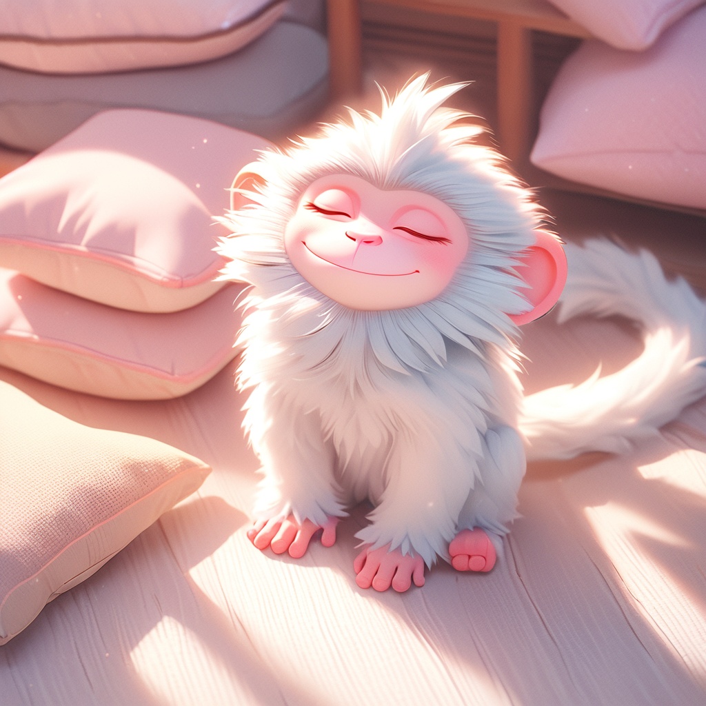 shenhou,monkey,fluffy,sunlight,light particles,whiskers,cute,cc-color-correction,mf-movie-filter,warm colors,whimsy and dramatic lighting,white fur,soft lighting,monkey focus,no humans,closed eyes,blurry,closed mouth,indoors,sleeping,smile,sitting,full body,pillow,cup,,<lora:shenhou_xl:0.8>,