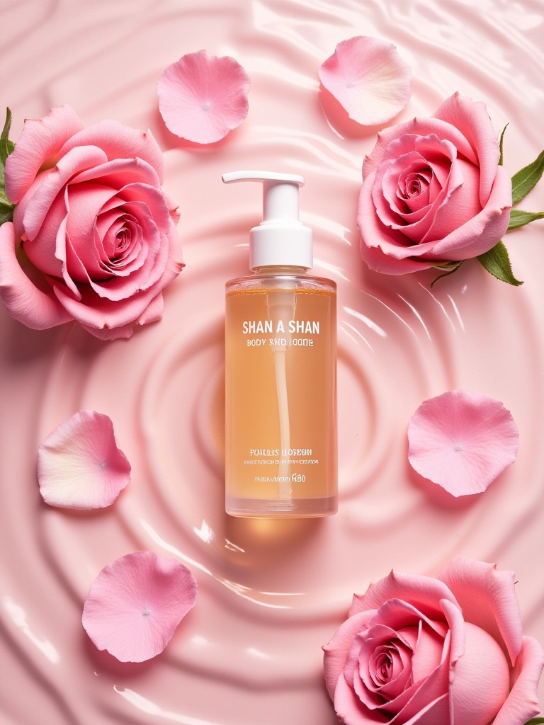 ttmzhsas,a bottle of "SHAN A SHAN" body lotion with a pump, surrounded by pink roses and rose petals on a pink, rippled surface. The bottle is placed in the center of the image, with the pink roses on either side. The liquid inside the bottle is a light pink color, and the roses are a vibrant pink. The background is a soft, pastel pink color. The image has a dreamy, ethereal quality.<lora:S-T-电商场景-S1.4:1>