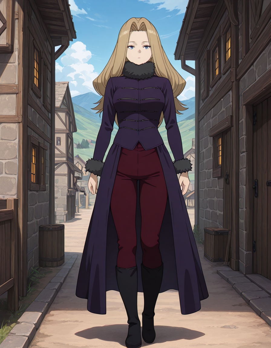 masterpiece, best quality, amazing quality, 1girl, looking at viewer, solo, outdoors, village, expressionless, stall, walking, full body, <lora:methode-sousou_no_frieren_s2-ixl-anime-soralz:1>, methode (sousou no frieren), long hair, blonde hair, curtained hair, blue eyes,purple jacket, fur collar, long sleeves, fur-trimmed sleeves, waist cape, dark red pants, black knee boots, <lora:StS-Illustrious-Detail-Slider-v1.0:3>