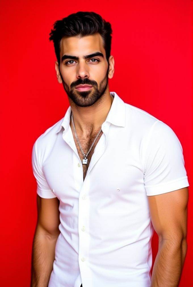 Nyle Dimarco ,  The image is a high-resolution photograph,  standing against a solid red background. wavy hair styled to t...