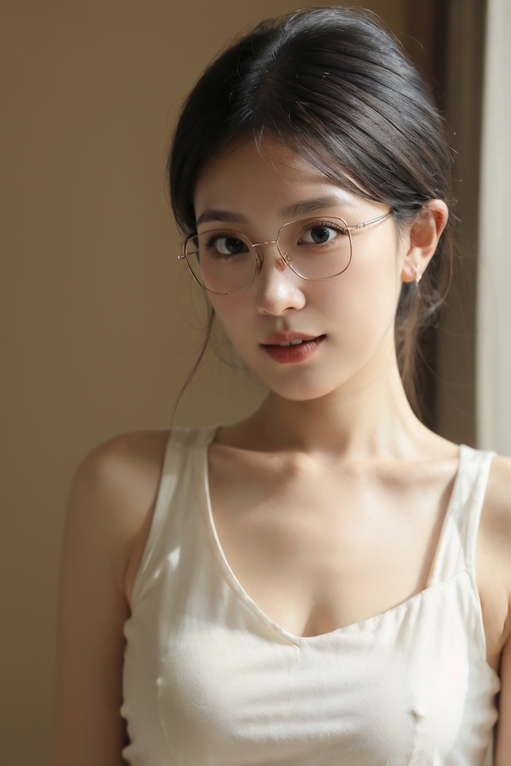 (mature female:1.1),close up,looking at viewer,solo,1 girl,medium breasts,curvy,shiny_skin,photorealistic,realistic,upper body,(master piece:1.4, best quality:1.4, fine fabric emphasis, intricate details, sharp focus, UHD, 8K, Ultra Detailed 8K CG, hyper realistic, super detailed,ultra realistic, extremely detailed CG unity 8k wallpaper, ultra high res, High quality texture, High quality shadow),(sexy, atractive),(dark photo:1.3),(dark tone low key film:1.2),(clear eyes:1.1),(wide-eyed:1.1),textured hair,textured skin,,,CtanSTTan20240831001,glasses,<lora:LEOSAM's Instant photo 拍立得_Polaroid LoRA_InspX Borderless Version:0.3>,<lora:CtanSTTan_20240831141309:0.4>
