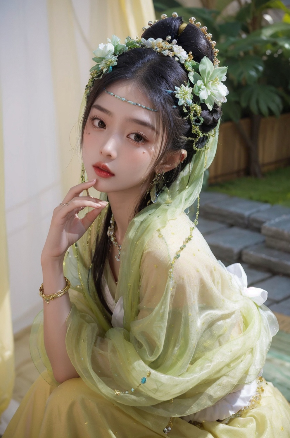 masterpiece,best quality,ultra-detailed,1girl,jewelry,hair ornament,solo,beads,dress,ring,long sleeves,shawl,chinese clothes,curtains,facial mark,hair flower,earrings,necklace,hair bun,forehead mark,bracelet,<lora:PDLX_小绿花仙:0.55>,outdoors,